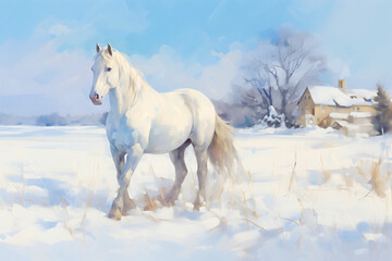 Obraz na płótnie Canvas White or gray beautiful domestic horse animal standing on the farm field in snowy winter season, retro vintage houses in the background, idyllic painting in the rural countryside or village