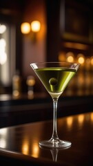 A martini glass with an olive. An alcoholic drink stands on a bar counter in a night bar. Bar interior in the background in blur