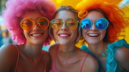 Three joyful people with colorful wigs and sunglasses are smiling brightly, exuding a festive, cheerful vibe, generative ai