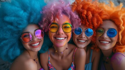 Four smiling people with colorful wigs and sunglasses celebrate, possibly at a festival or party, generative ai