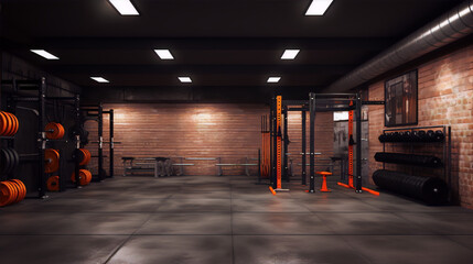 Modern industrial gym with black and orange equipment evokes a sense of strength and determination. 
