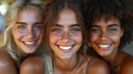 Fototapeta premium Three smiling young women with different skin tones, close together, portraying diversity and friendship, generative ai