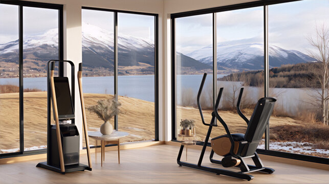 Modern home gym with stunning mountain view evokes a sense of tranquility and fitness. 
