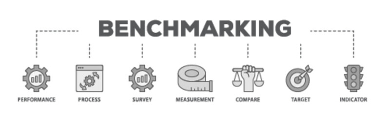 Benchmarking banner web icon illustration concept with icon of performance, process, survey, measurement, compare, target, and indicator icon live stroke and easy to edit 