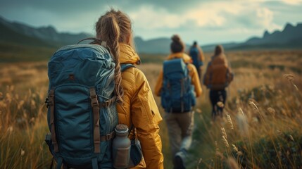 Obraz na płótnie Canvas A group of hikers with backpacks walks through a golden field towards distant mountains at dusk, generative ai