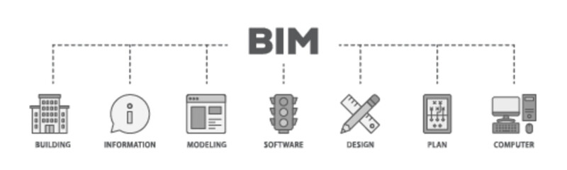 Obraz premium BIM banner web icon illustration concept with icon of building, information, modeling, software, design, plan, and computer icon live stroke and easy to edit 