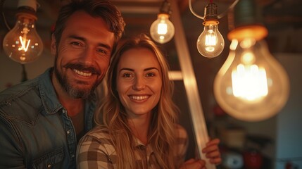 A smiling man and woman surrounded by warm-glowing, suspended Edison bulbs in a cozy setting, generative ai
