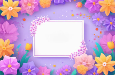 Postcard flowers in polyganal style. In the center is a free space for copying. Frame on lilac background, around are flowers in bright multicolored colors. Invitation Mother's day, valentine's day