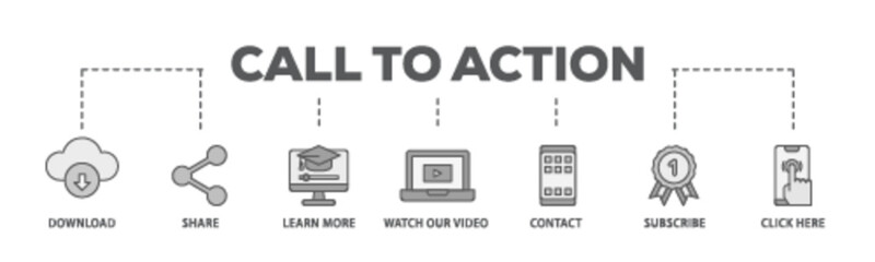 Call to action banner web icon illustration concept with icon of  click here, watch our video, subscribe, contact, learn more, share, download icon live stroke and easy to edit 