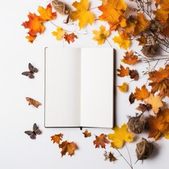 Naklejka na ściany i meble Halloween mockup with autumn leaves and book on wihte background