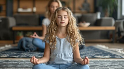 A young girl meditates in the foreground; another person sits in meditation pose behind her, generative ai