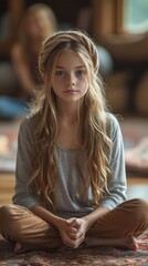 A girl with long blonde hair sits cross-legged, wearing a headband, gazing forward, indoors, warm lighting, generative ai