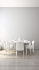 Minimalist white dining room with a clean and modern aesthetic, perfect for interior design inspiration. 
