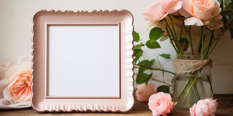 Tulip flowers and an empty photo frame of a loved one copy space on the board background. Woman day concept