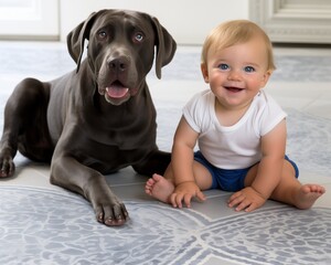 Baby girl or boy smiing sitting on the floor next to a beautiful black labrador retriever, the toddler has a cute smile, blue eyes and blond hair, the puppy is short-haired and looks kind and quiet