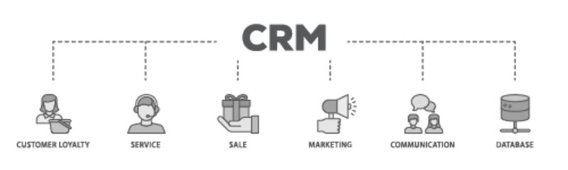 CRM banner web icon illustration concept with icon of customer loyalty, service, sale, marketing, communication, and database icon live stroke and easy to edit 