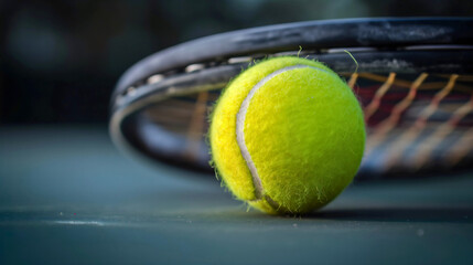 Closeup of a green or yellow tennis sport ball in sphere or circle shape placed under the tennis racket strings. Equipment for tournament match activities of professional players and athlete