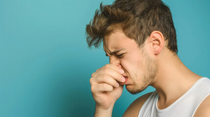 Closeup studio photography of a young man holding his nose with a hand, disgusted and unhappy face expression because of the bad stinky smell. Unpleasant aroma, upset guy, covering nose - obrazy, fototapety, plakaty
