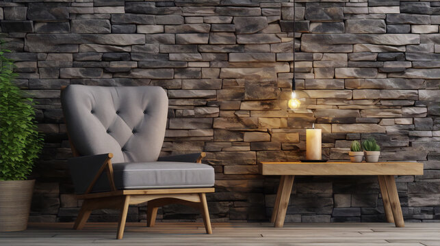 Cozy grey armchair and wooden table against rustic brick wall evoke a sense of warmth and comfort. 
