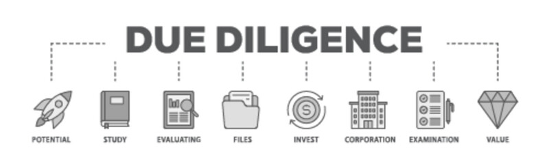Due diligence banner web icon illustration concept with icon of potential, study, evaluating, files, invest, corporation, examination and value icon live stroke and easy to edit  - obrazy, fototapety, plakaty