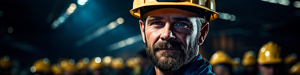 Portrait of a confident industrial worker wearing a safety helmet, with a blurred background of a factory interior.