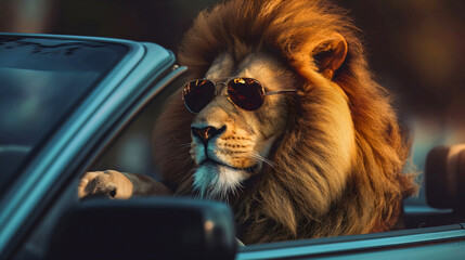 Funny and cool lion animal wearing sunglasses, sitting inside and diving a convertible cabriolet open top or open roof car on a sunny summer day, freedom travel roadtrip with sports car
