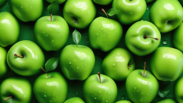 Fresh green apples with drops of water. Juicy green fruits in full screen. Ripe fruits. Banner ad concept. Selective focus