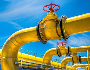 yellow pipelines and valves form an intricate pattern against the canvas of a vibrant blue sky. A top view perspective reveals the industrial grace against nature's backdrop