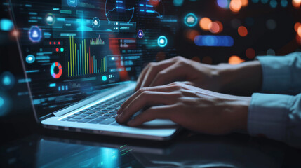 person's hands are seen typing on a laptop keyboard, with futuristic digital graphics of charts, graphs, and data analytics floating above the computer screen.