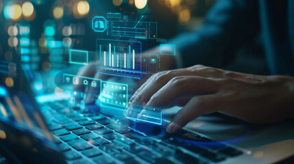 person's hands are seen typing on a laptop keyboard, with futuristic digital graphics of charts, graphs, and data analytics floating above the computer screen.