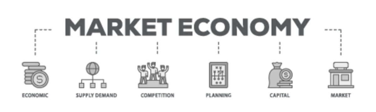 Market economy banner web icon illustration concept with icon of economic, supply demand, competition, planning, capital, market icon live stroke and easy to edit 