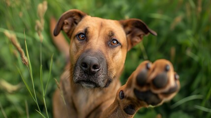 Portrait of a dog sitting in the grass and giving its paw, cute animal photograph of a pet looking at its owner with a beautiful look of friendship and trust, training one's dog on a nice summer day - obrazy, fototapety, plakaty