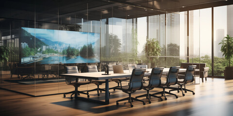 Realistic office meeting space with sleek glass walls, Empty office conference room, modern board meeting office interior with large windows - obrazy, fototapety, plakaty