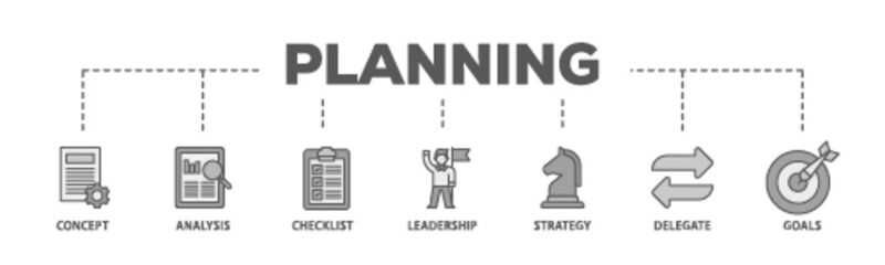 Planning banner web icon illustration concept with icon of concept, analysis, checklist, leadership, strategy, delegate and goals icon live stroke and easy to edit 