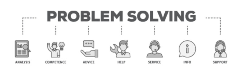 Problem solving banner web icon illustration concept with icon of analysis, critical thinking, creativity, emotional intelligence, research, team building  icon live stroke and easy to edit 
