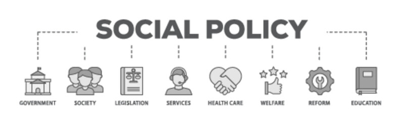 Social policy banner web icon illustration concept with icon of education, reform, services, welfare, health care ,legislation, society, government icon live stroke and easy to edit  - obrazy, fototapety, plakaty