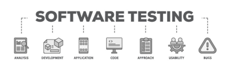 Software testing banner web icon illustration concept with icon of bugs, code, usability, approach, application, development, analysis icon live stroke and easy to edit 