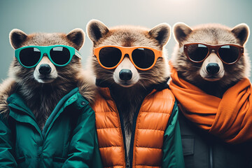 Raccoons in costumes, retro photo of anthropomorphic animals
