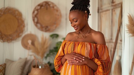 Cheerful black woman with braids touching her stomach and looking away with a smile while standing.