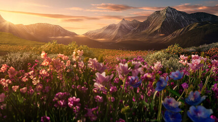 Fields of multicolored flowers with a mountain view in the background