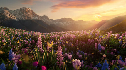 Fields of multicolored flowers with a mountain view in the background