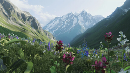 Fields of multicolored flowers with a mountain view in the background