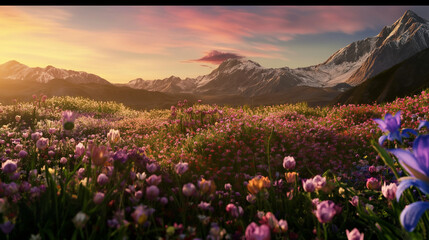 Fields of multicolored flowers with a mountain view in the background