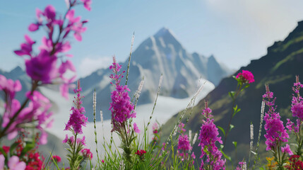 Fields of multicolored flowers with a mountain view in the background