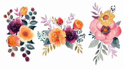 Artistic Floral Bouquets Illustrated in Watercolor, Perfect for Adding a Touch of Elegance and Beauty to Your Designs