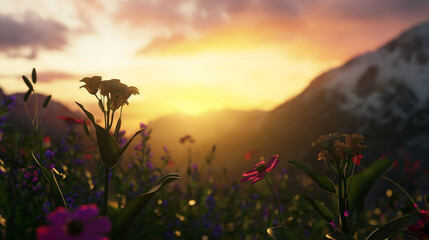 Fields of multicolored flowers with a mountain view in the background