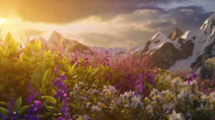 Fields of multicolored flowers with a mountain view in the background