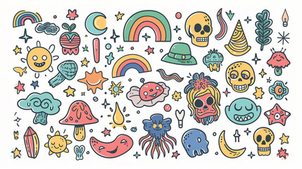 A collection of whimsical, retro-inspired illustrations featuring a variety of funky, groovy characters and objects perfect for adding a touch of nostalgia and playfulness to your designs.