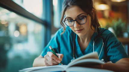 A meticulous female doctor taking detailed notes in her clinic
