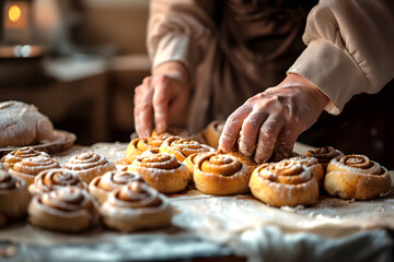 Obraz na płótnie Canvas Hands of a man making cinnamon rolls on a table